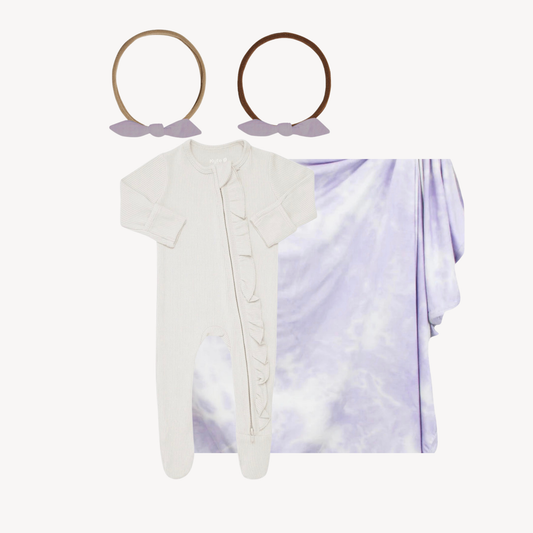 Ribbed Ruffled Zipper Footie in Oat, Dani Swaddle Blanket & Nylon Headband (3-6M)