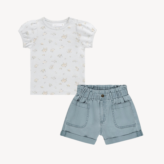 Alba Shorts & Petite Fleur Blue Puff Sleeve Tee Set (6-7Y)