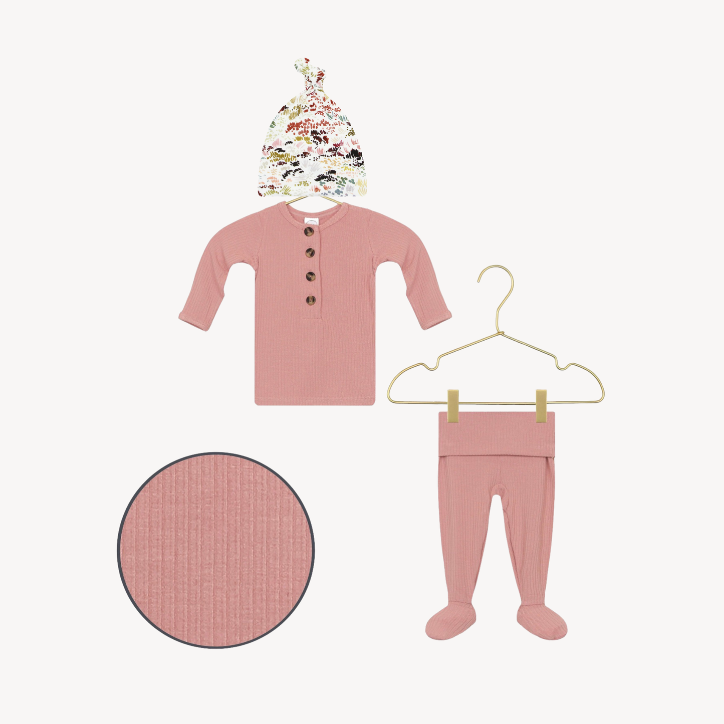 Jane Ribbed Top and Bottom Set and Charlotte Top Knot Hat (NB-3M)