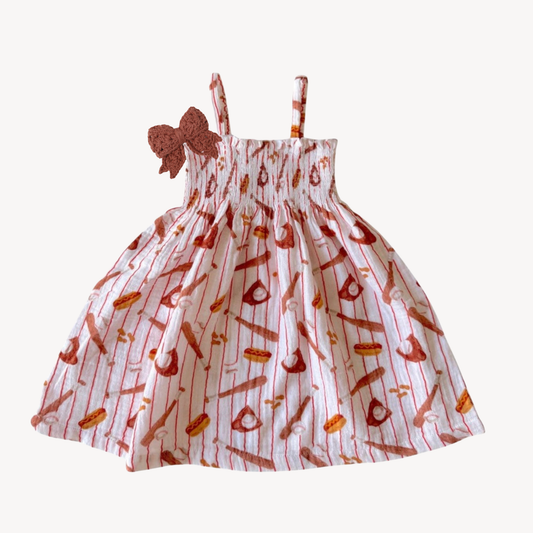 Baseball Muslin Smocked Dress & Crochet Bow