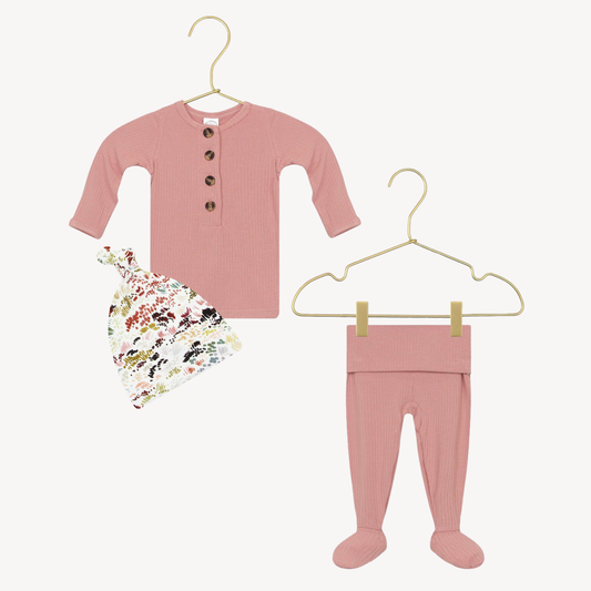 Jane Ribbed Top and Bottom Set and Charlotte Top Knot Hat (NB-3M)