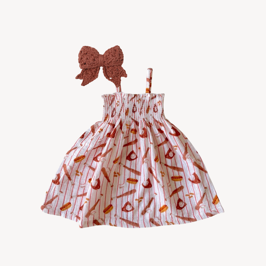 Baseball Muslin Smocked Dress & Crochet Bow