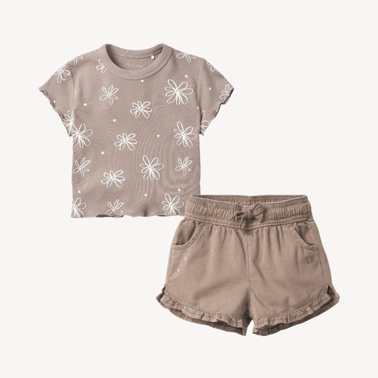 Floral Ribbed Lettuce Trim Tee & Ruffle Cotton Twill Short