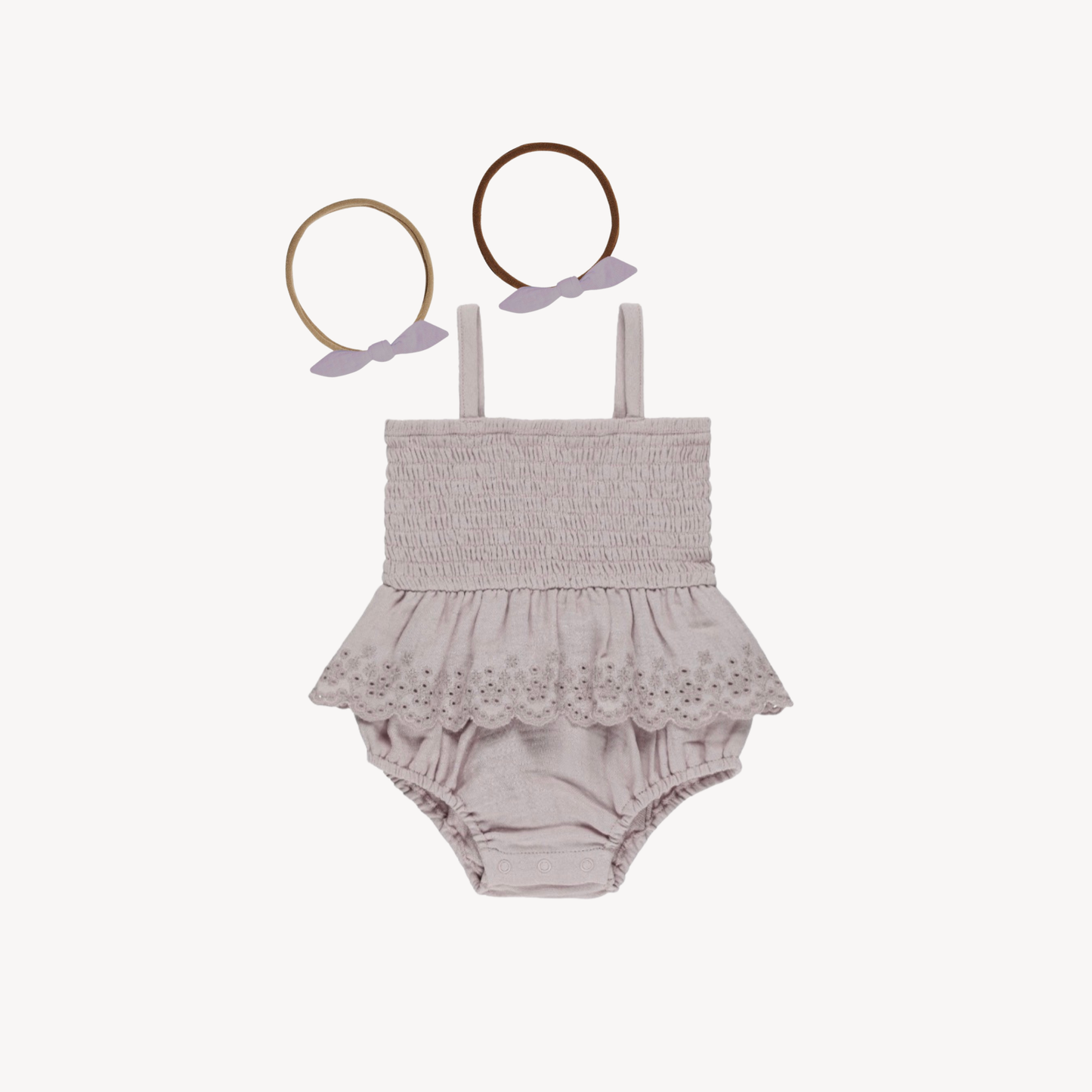 Lavendar Smocked Skirted Romper& Knotted Nylon Headband
