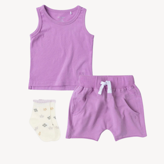 Purple Tank Top & Harem Short Set with Socks (0-3M)