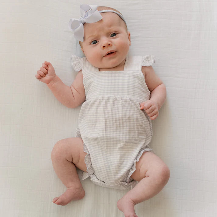Flutter Sleeve Romper | Lavender Small Stripe (Ribbed)