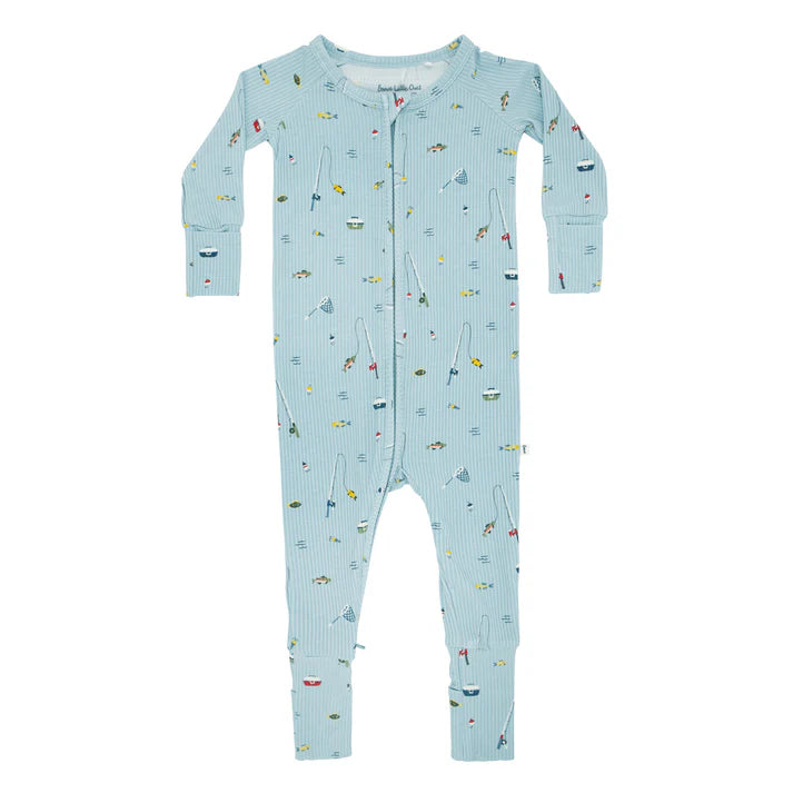 Bamboo Zip Sleeper w/ Fold-Over Feet | Gone Fishing (Ribbed)