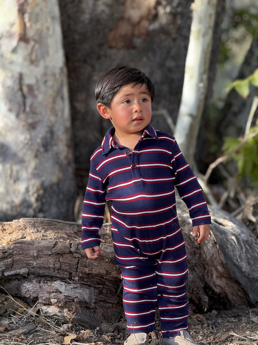 Kingston Polo Romper | Navy & Burgundy Stripe