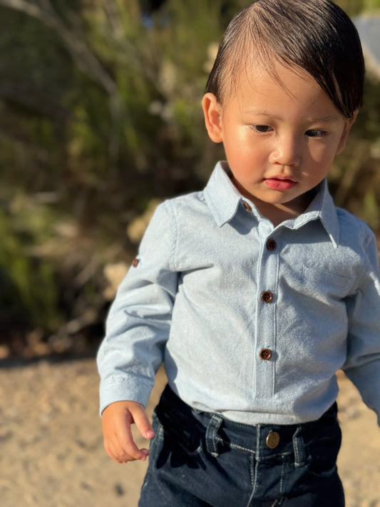 Jasper Woven Onesie | Pale Blue Chambray