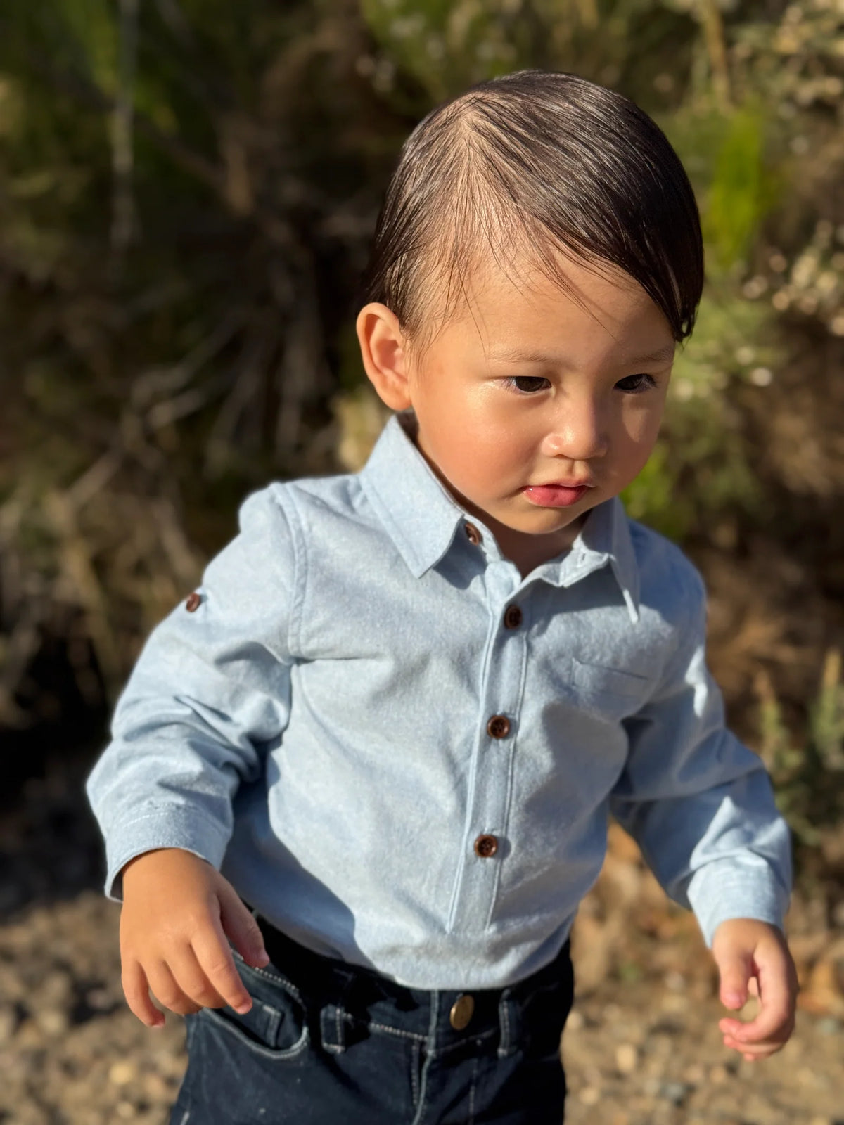 Jasper Woven Onesie | Pale Blue Chambray