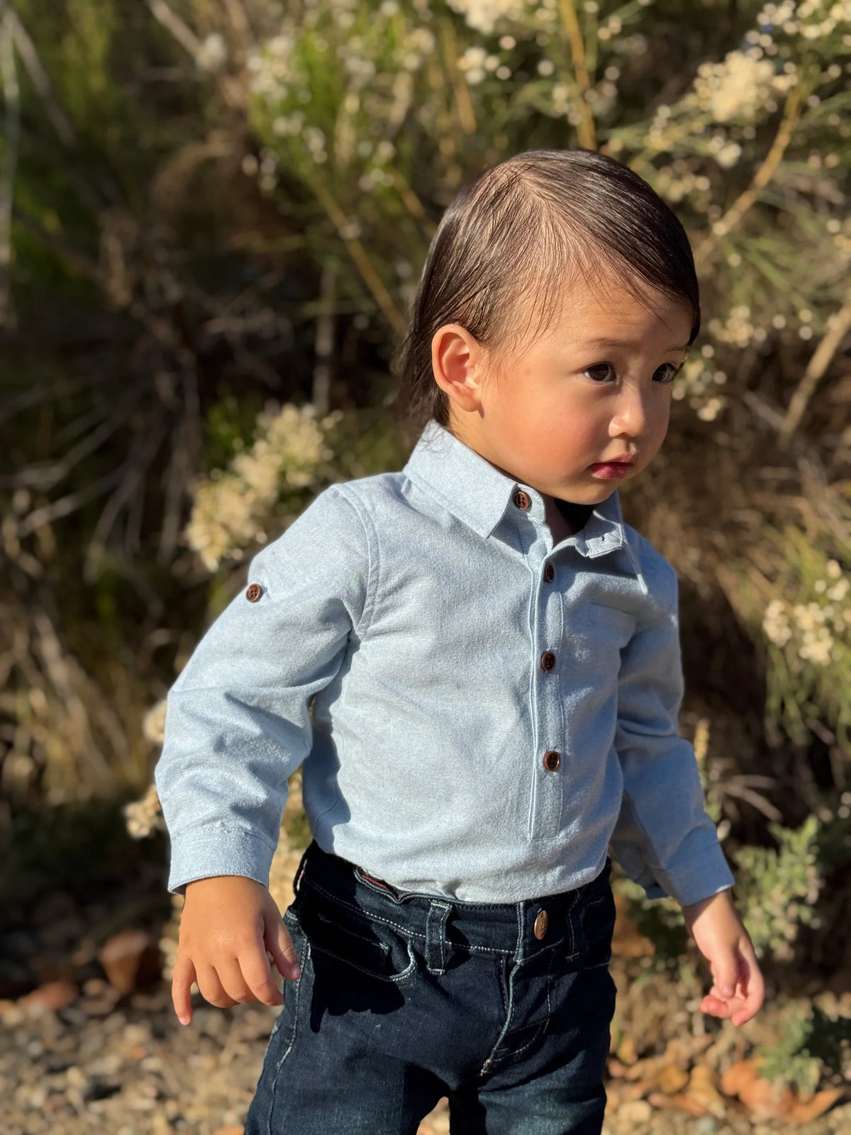 Jasper Woven Onesie | Pale Blue Chambray