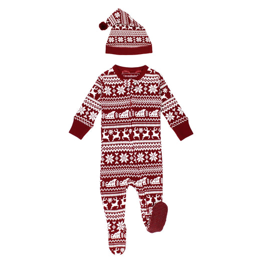 PRE-ORDER Holiday Zipper Footie & Cap Set | Santa's Sleigh