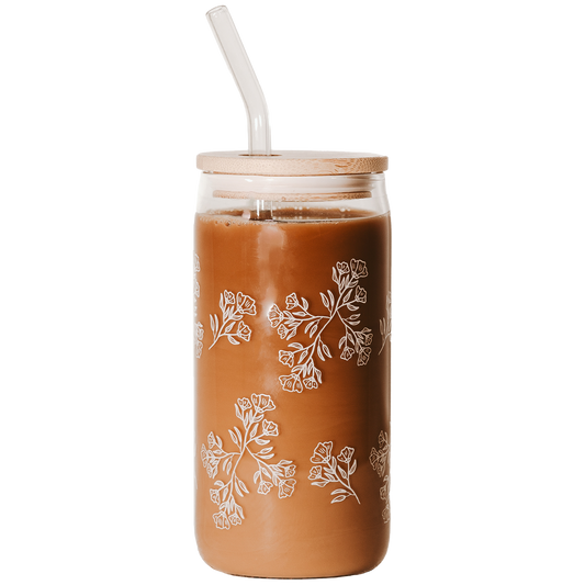 White Floral Can Glass w/ Straw and Lid | 17 oz