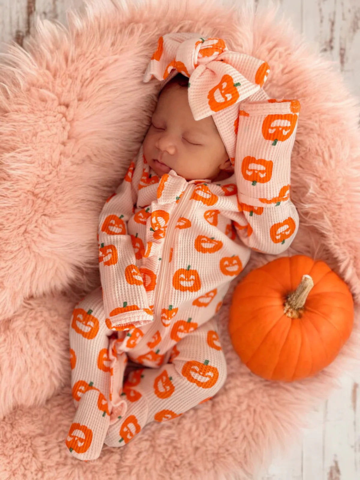 Organic Waffle Ruffle Zip Footie | Blush Jack-O-Lantern