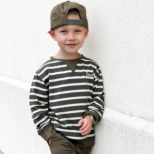 French Terry Pullover | Green Stripe with Brave