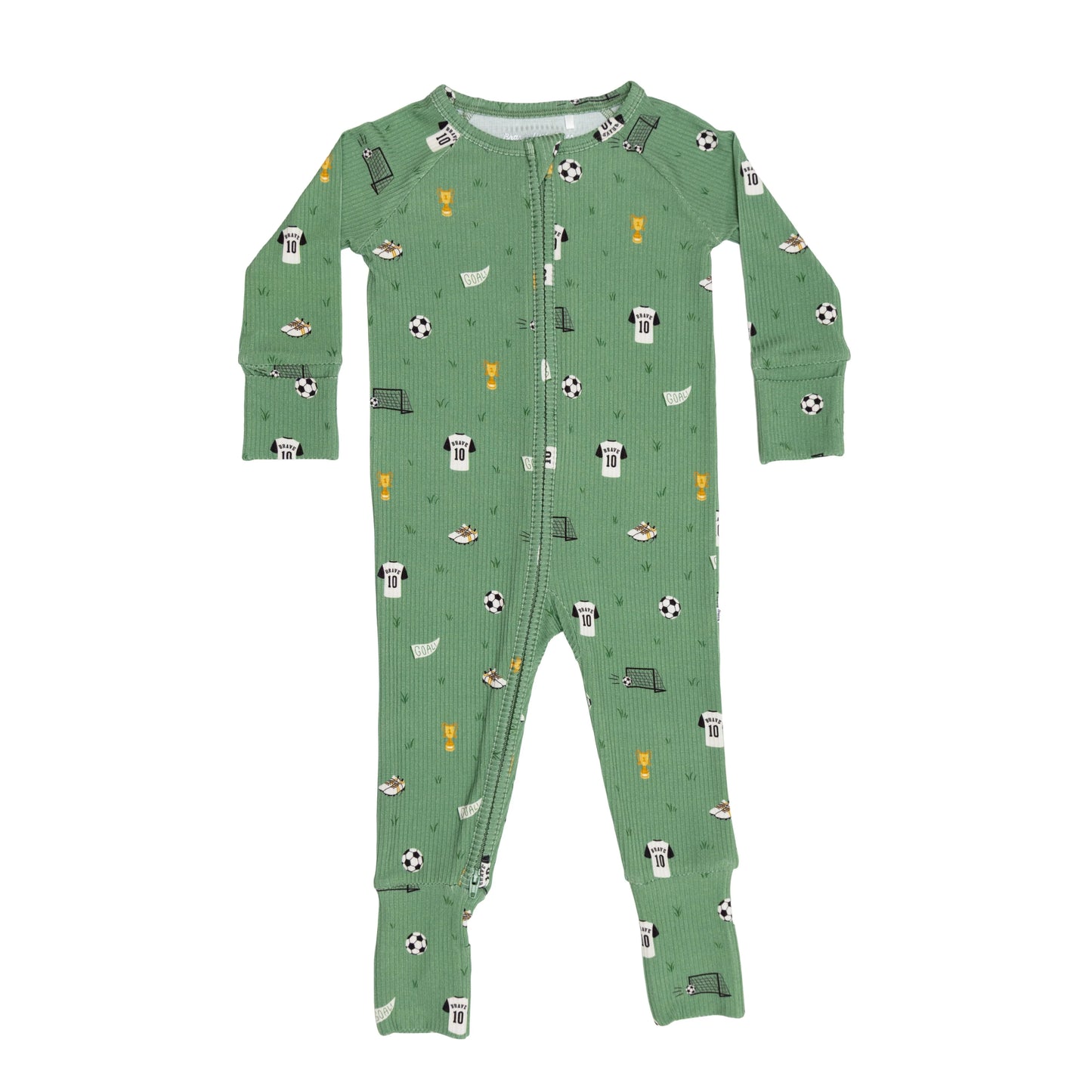 Bamboo Zip Sleeper w/ Fold-Over Feet | Soccer (Small Ribbed)