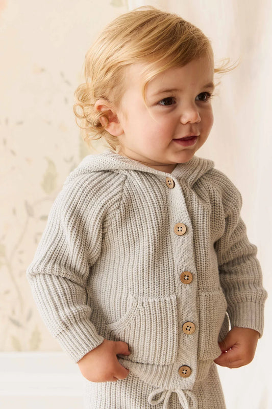 OG Bear Knit Cardigan w Hood | Light Grey Marle