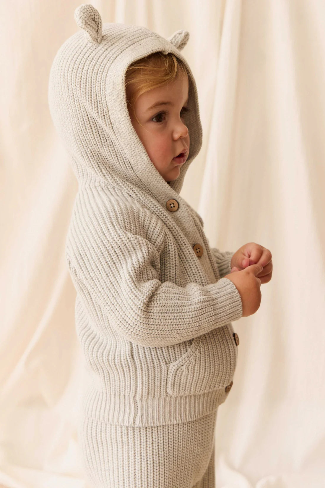 OG Bear Knit Cardigan w Hood | Light Grey Marle