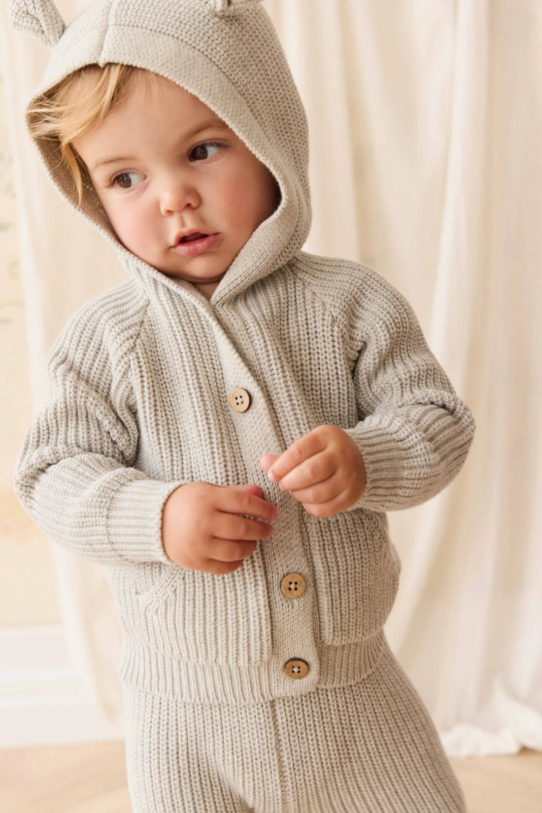 OG Bear Knit Cardigan w Hood | Light Grey Marle