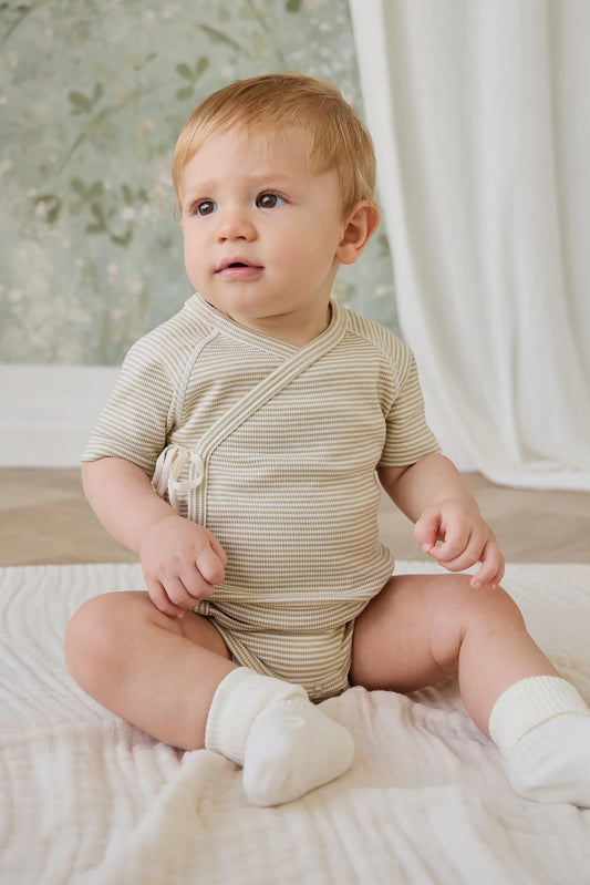 Fine Rib Micah Short Sleeve Playsuit | Petite Stripe Hay/Cloud