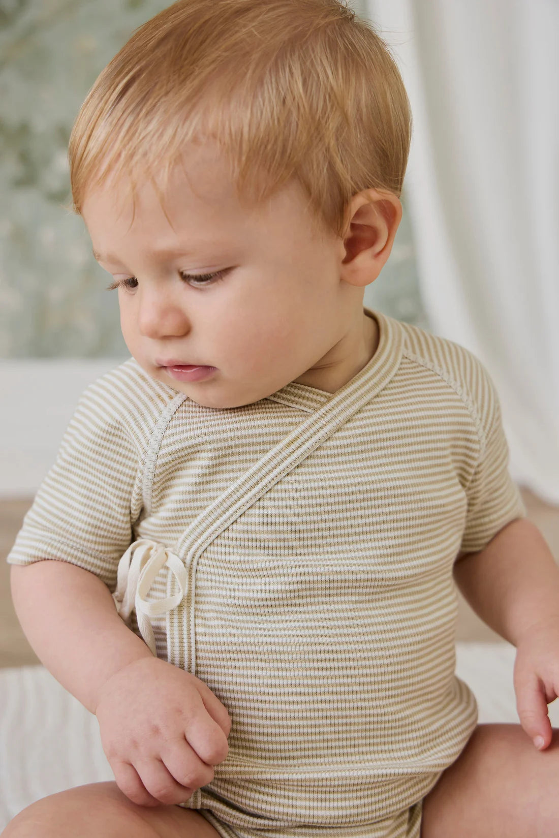 Fine Rib Micah Short Sleeve Playsuit | Petite Stripe Hay/Cloud