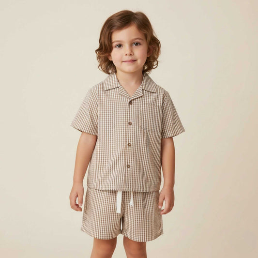 Organic Shirt & Shorts Set | Caramel Check