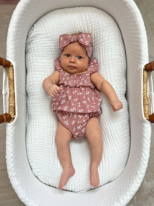 Organic Muslin Smocked Headband | Desert Rose Leaves