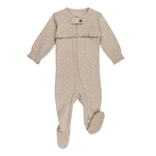 Organic Smocked Zipper Footie | Oatmeal Dots
