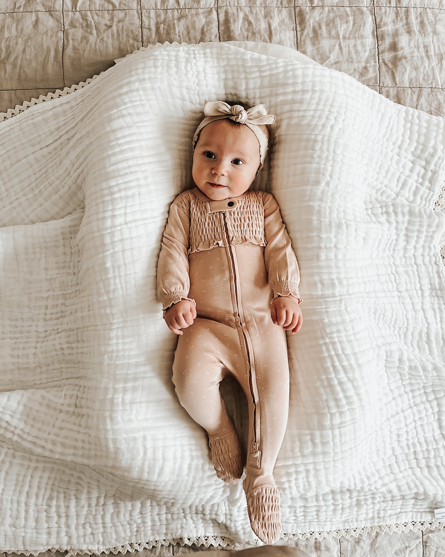 Organic Smocked Zipper Footie | Oatmeal Dots