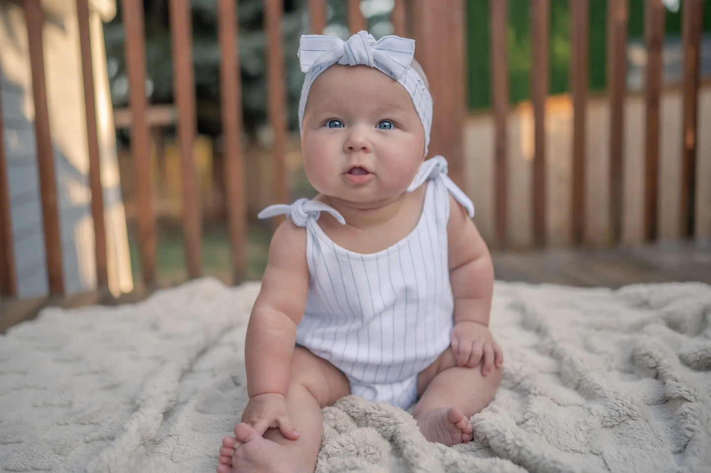 Pool Pinstripe | Organic Bowtie Shoulder Romper