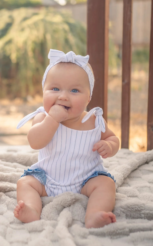 Pool Pinstripe | Organic Bowtie Shoulder Romper