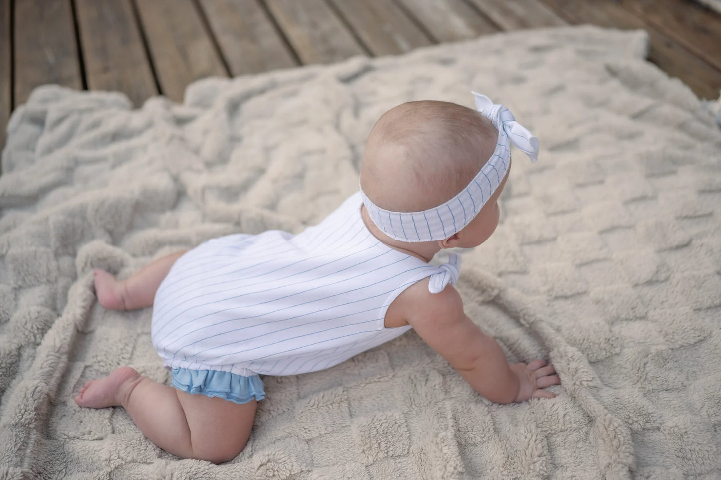 Pool Pinstripe | Organic Bowtie Shoulder Romper
