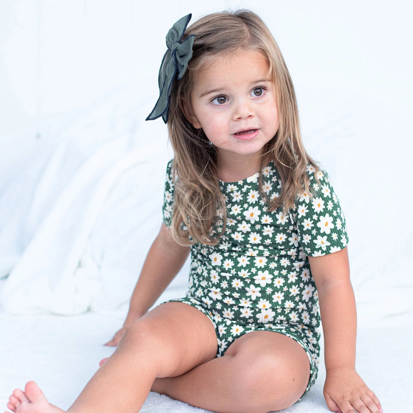 Shorts Bamboo Pajama Set | Green Floral (Ribbed)