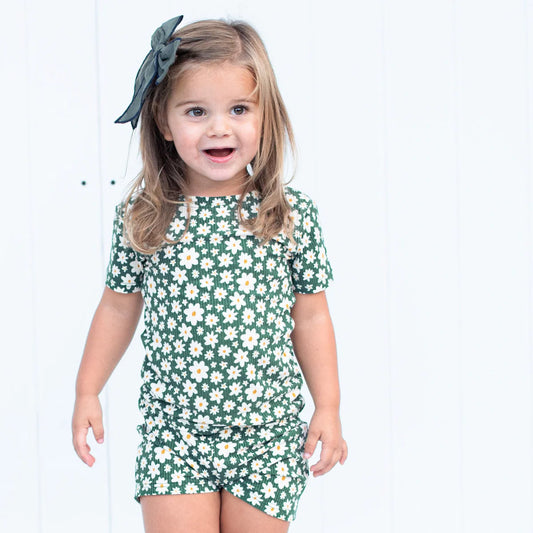 Shorts Bamboo Pajama Set | Green Floral (Ribbed)