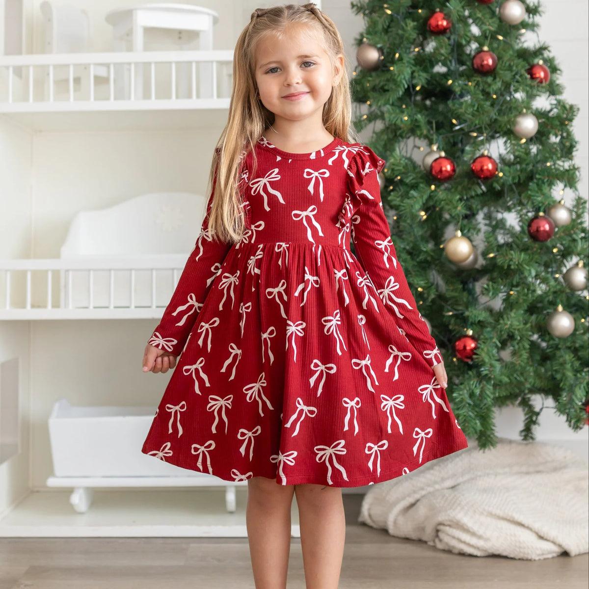 Red Coquette Bows | Ruffle Long Sleeve Dress