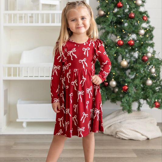 Red Coquette Bows | Ruffle Long Sleeve Dress