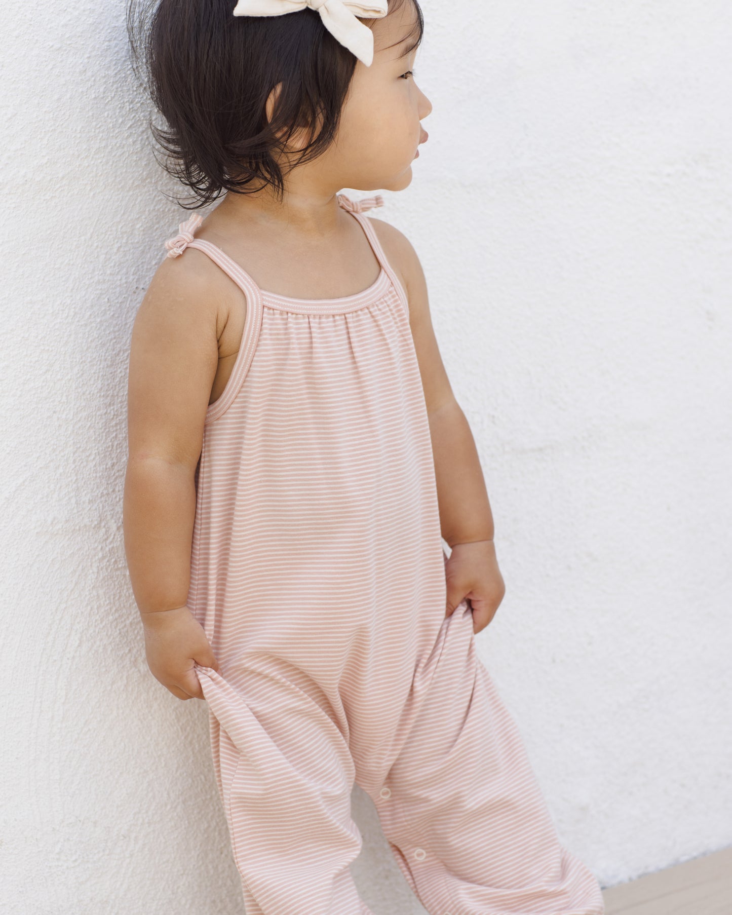 Smocked Jumpsuit || Melon Micro Stripe
