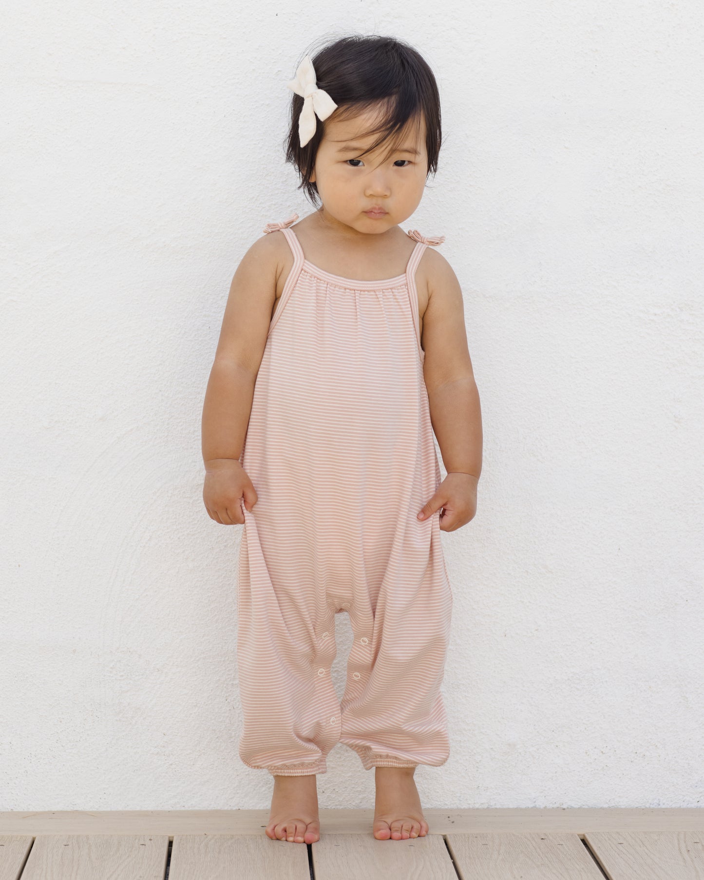 Smocked Jumpsuit || Melon Micro Stripe