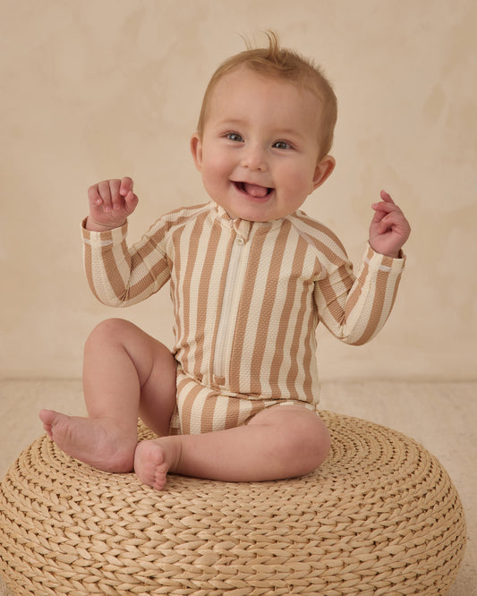 Long Sleeve One-Piece Rashguard || Retro Latte Stripe