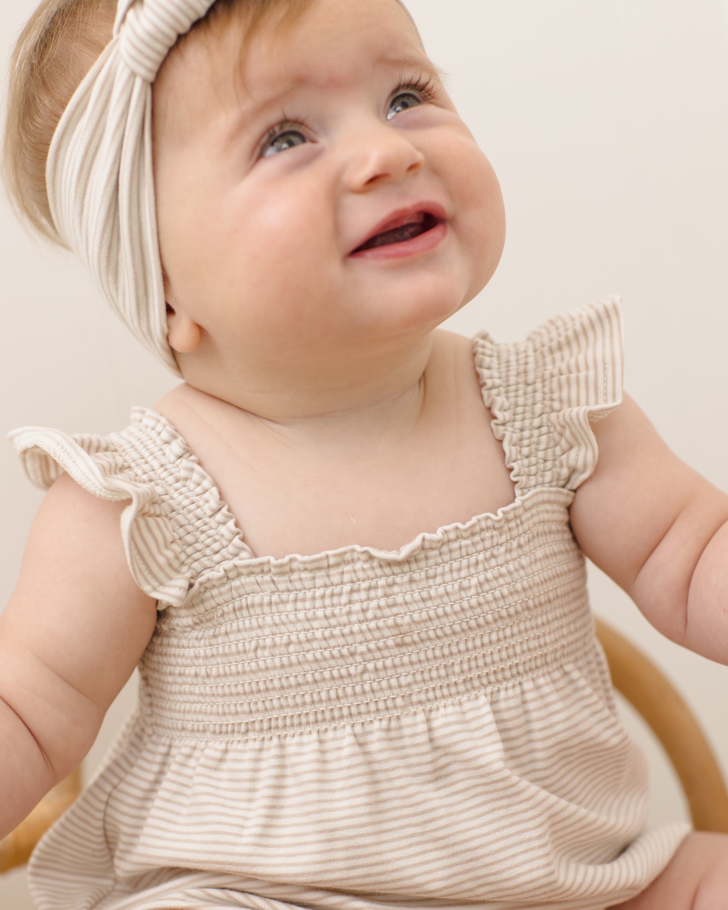 Smocked Ruffle Sleeve Romper || Oat Micro Stripe