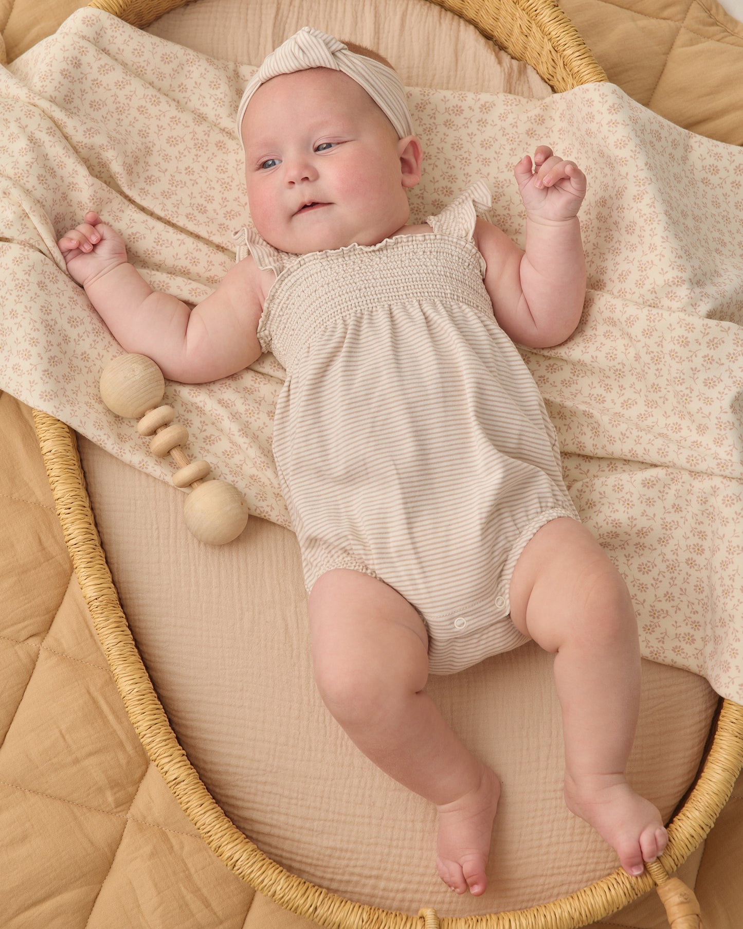 Smocked Ruffle Sleeve Romper || Oat Micro Stripe