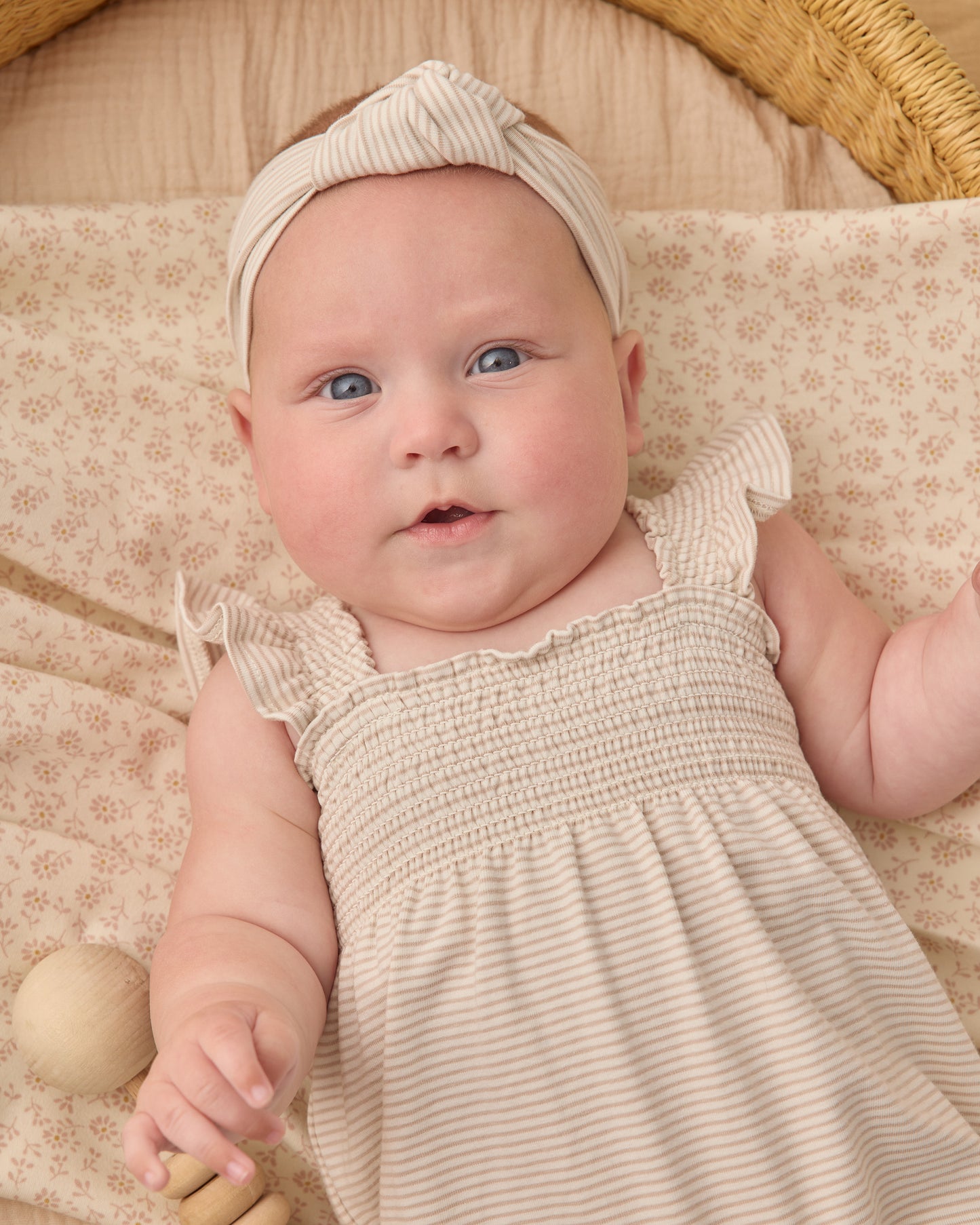 Smocked Ruffle Sleeve Romper || Oat Micro Stripe