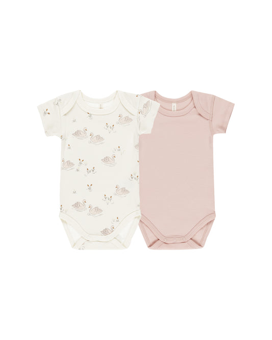 Short Sleeve Bodysuit, 2 Pack || Swans, Bubblegum