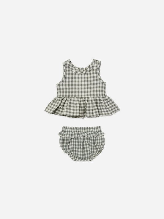 Sleeveless Peplum Set | Sea Green Gingham
