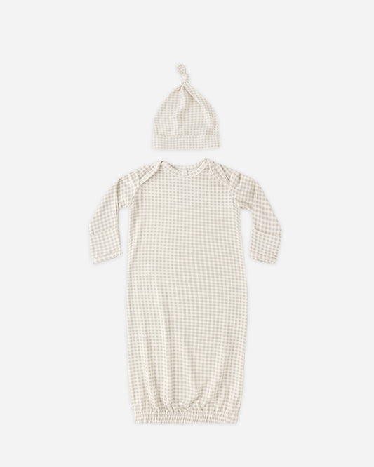 Bamboo Baby Gown + Hat Set || Oat Gingham