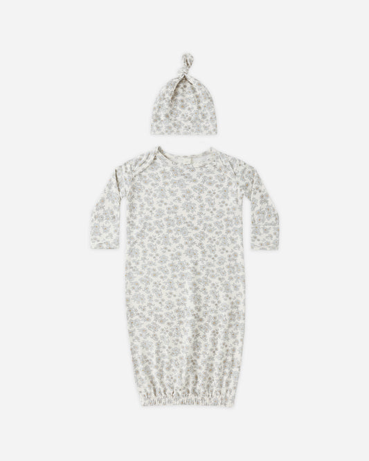 Bamboo Baby Gown + Hat Set || Blue Floral