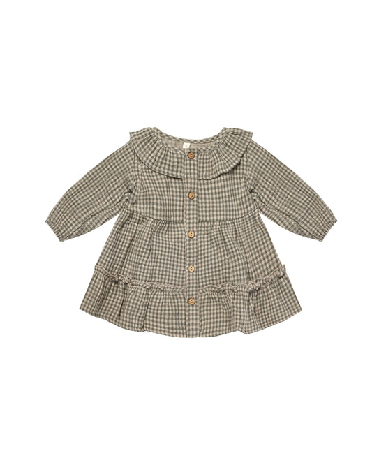 Ruffle Collar Button Dress | Forest Micro Plaid