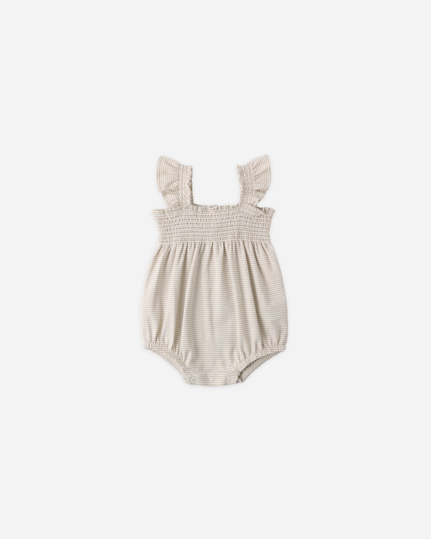 Smocked Ruffle Sleeve Romper || Oat Micro Stripe
