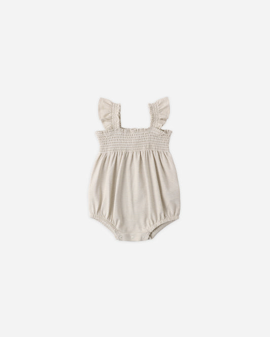 Smocked Ruffle Sleeve Romper || Oat Micro Stripe