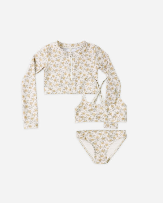 Crop Rashguard & Bikini Set || Yellow Floral
